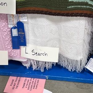 Christening White Crochet Baby Blanket with Hearts in raised Stitches. Keepsake